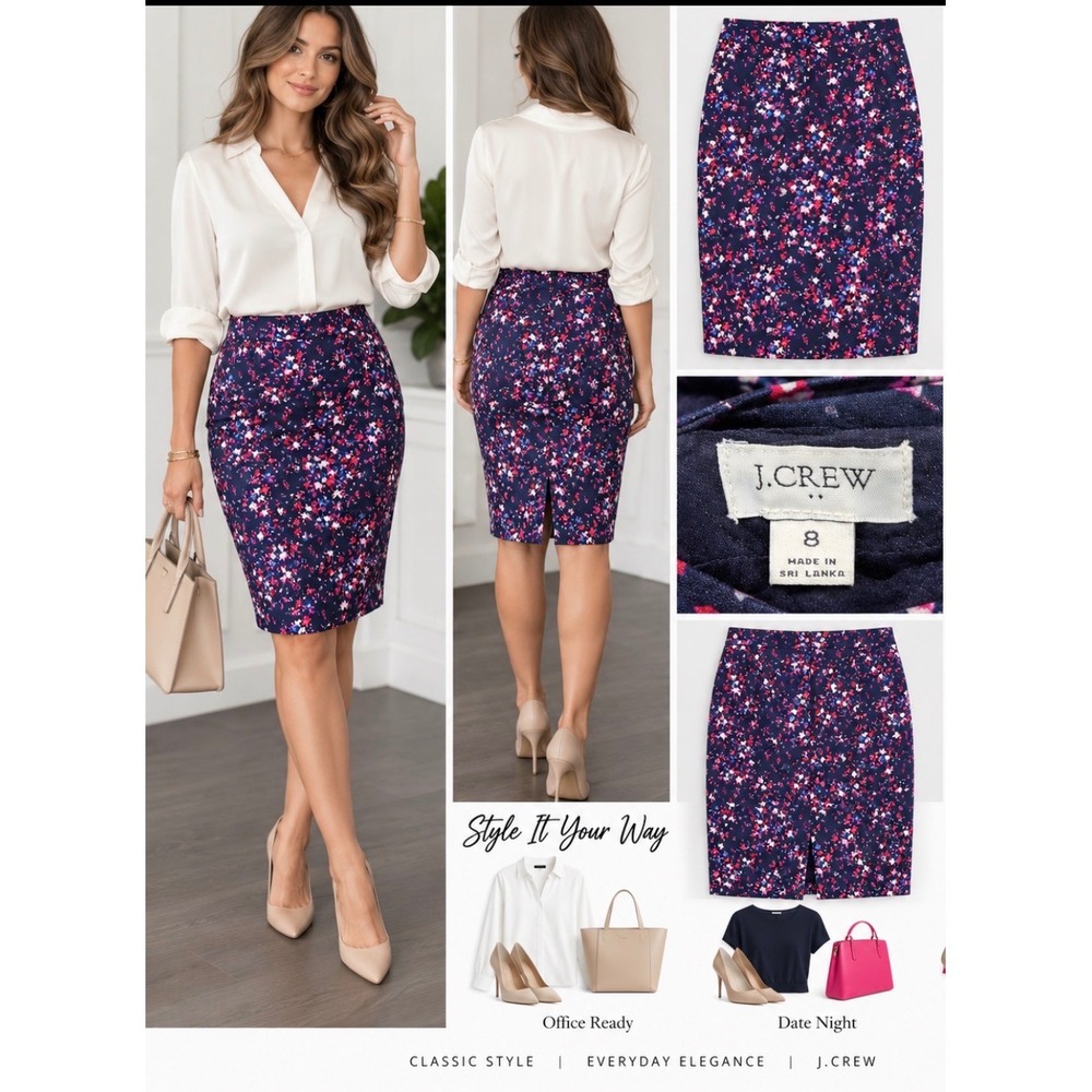 J.Crew Womens Navy Blue Pink Floral Pencil Skirt Size 8 Back Vent Career Wear
